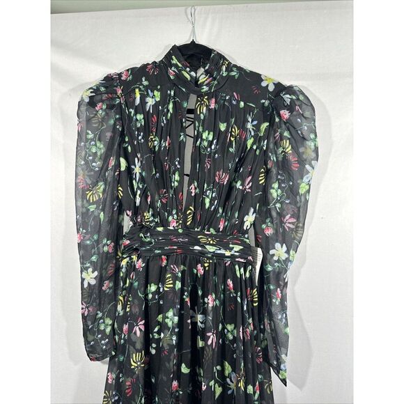 NWT $598 MAC DUGGAL [ 6 ] Chiffon Floral Hi Neck Puff Sleeve‎ Gown Black - Picture 10 of 16